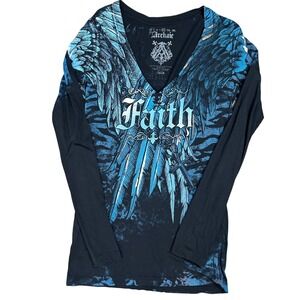 Y2K Archaic Graphic Print Top Women's XL Blue Angel Wing Long Sleeve Emo Punk